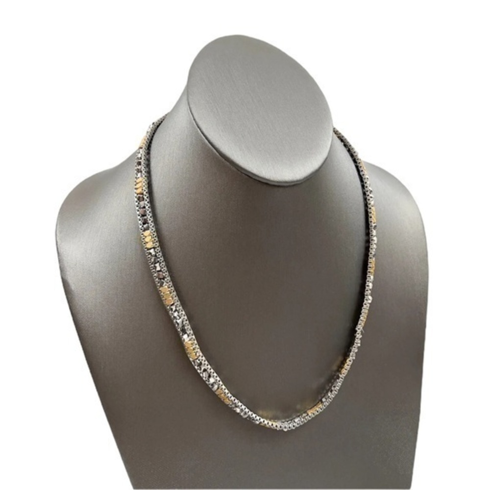 Stella & Dot Silver and Gold Tone Box Link Hematite, Gold Bead Necklace